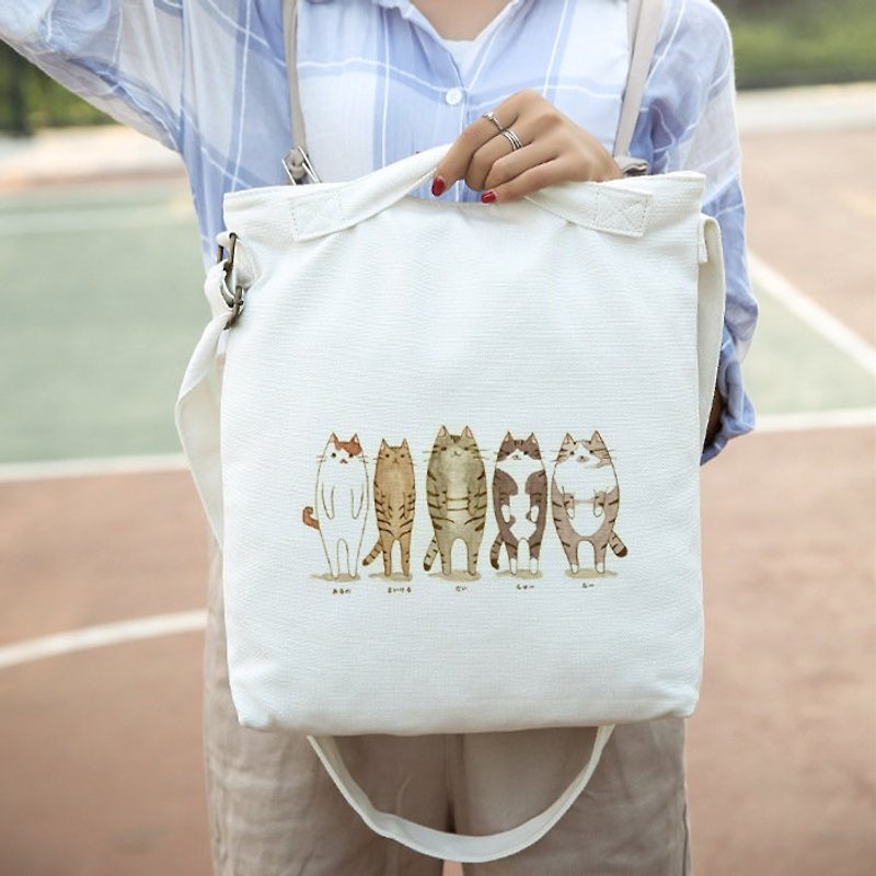 Cat canvas bag backpack can be single-handed portable Messenger three way - กระเป๋าแมสเซนเจอร์ - ผ้าฝ้าย/ผ้าลินิน ขาว