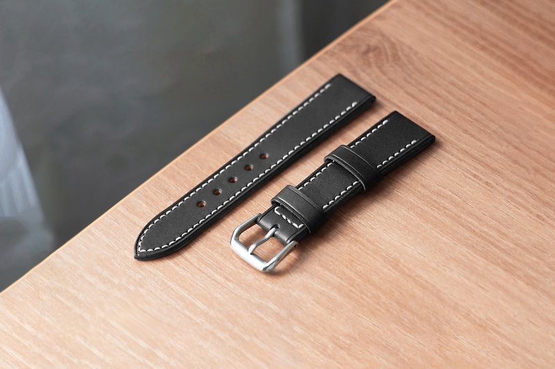 Black vintage classic tapered leather watch strap full-grain watch band - Watchbands - Genuine Leather Black