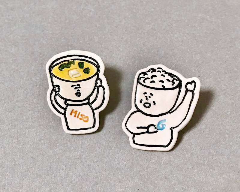 Rice and miso soup earrings - Brooches - Porcelain 