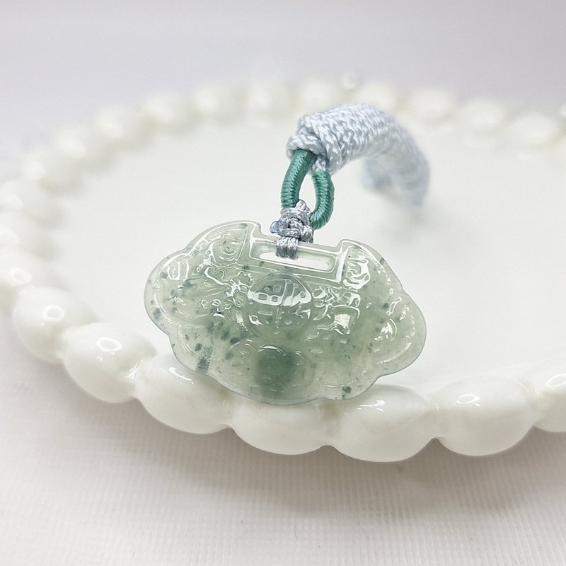 Bingrun dangerous material hand-carved Ruyi lock pendant | natural grade A jadeite - Necklaces - Jade 