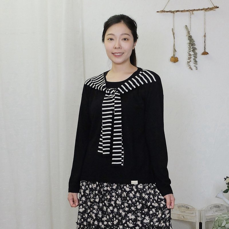 Hana Mokuba 層次條紋綁帶領片針織上衣 - 女上衣/長袖上衣 - 其他材質 