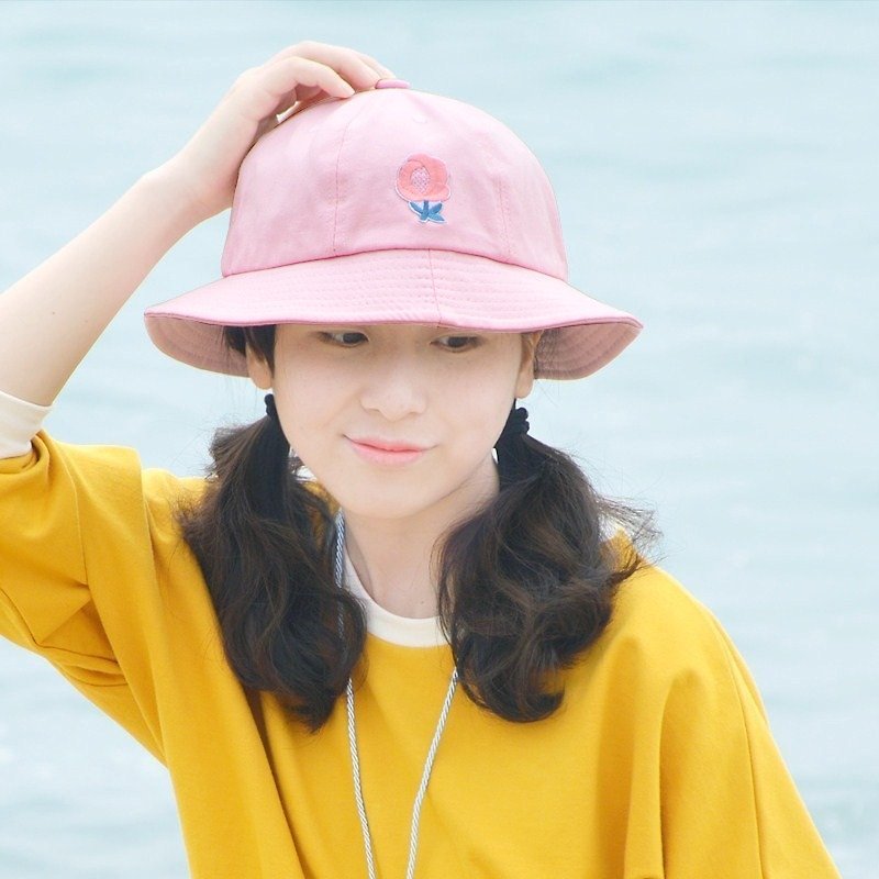可愛少女漁夫帽 小粉花刺繡 純棉 休閒出遊 遮陽防曬帽 - 帽子 - 棉．麻 粉紅色