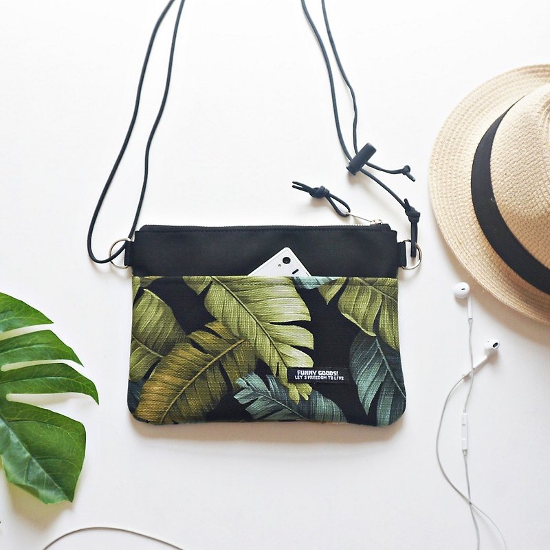 Hawaiian leaf linen sacoche bag black - Messenger Bags & Sling Bags - Cotton & Hemp Black
