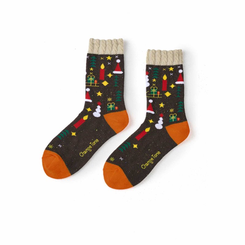 Christmas Star Wish/Coffee (F)-MIT Design Mid-calf Socks - ถุงเท้า - ผ้าฝ้าย/ผ้าลินิน สีนำ้ตาล