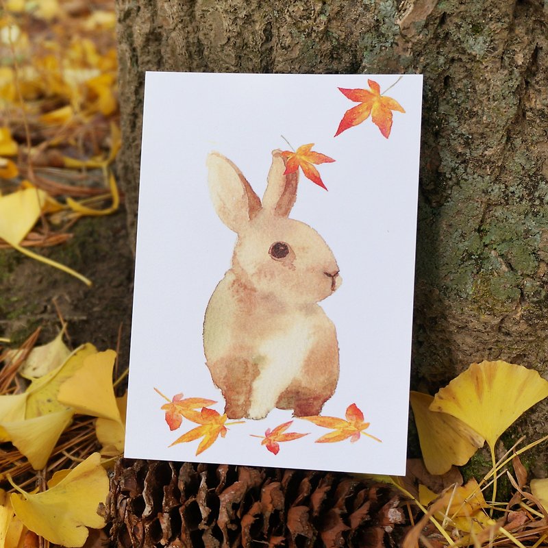 明信片 卡片 水彩畫作 落葉 秋天 兔子 可愛 動物 賀卡 - 心意卡/卡片 - 紙 橘色