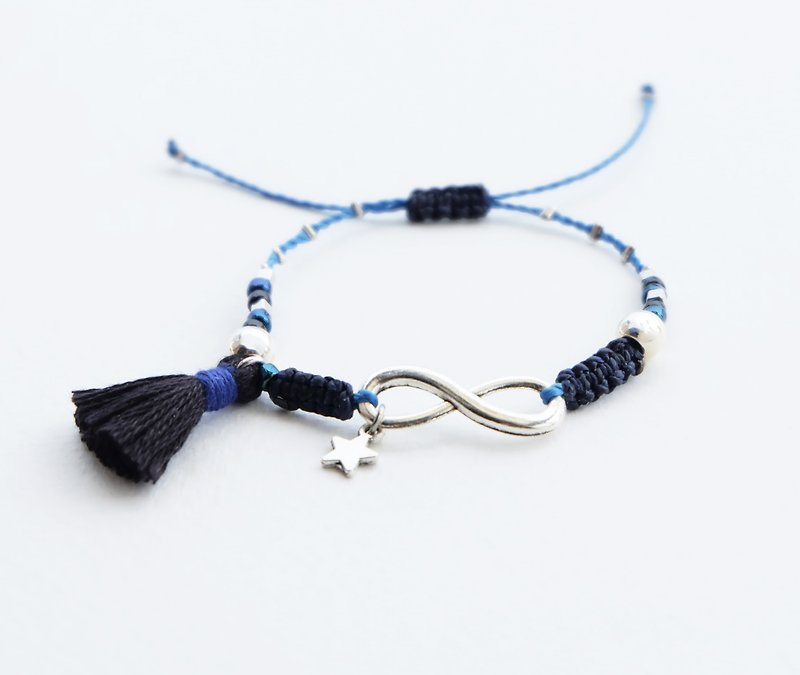 Star and infinity navy blue black adjustable bracelet with tassel - Bracelets - Polyester Blue