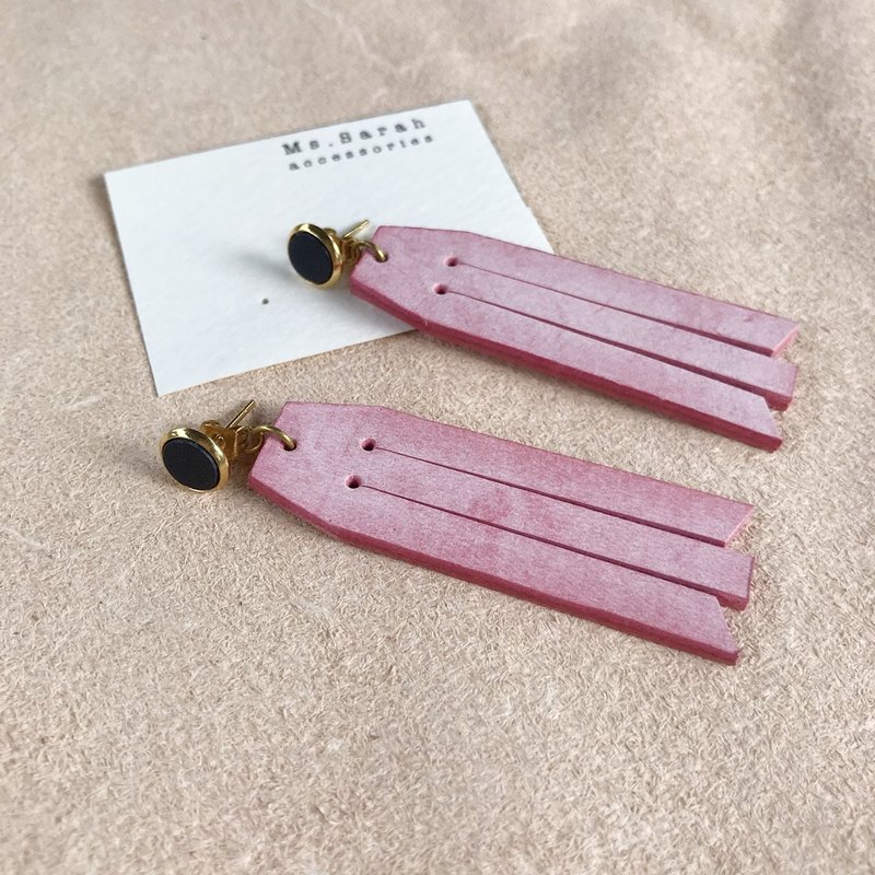 皮革耳環_圓框7號作品#6_流蘇款_深藍搭櫻花粉(可改夾) - 耳環/耳夾/耳骨夾 - 真皮 粉紅色