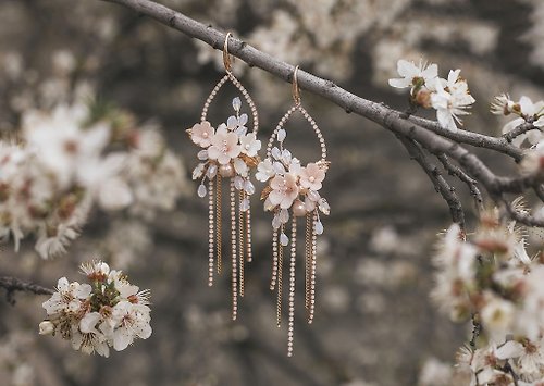 Kamael Shine White opal pink earrings, Bridal flower pearl jewelry, Cherry blossom