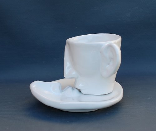 PorcelainShoppe White Tea cup Saucer Set Kiss Ceramics Art object Surrealism Face mug