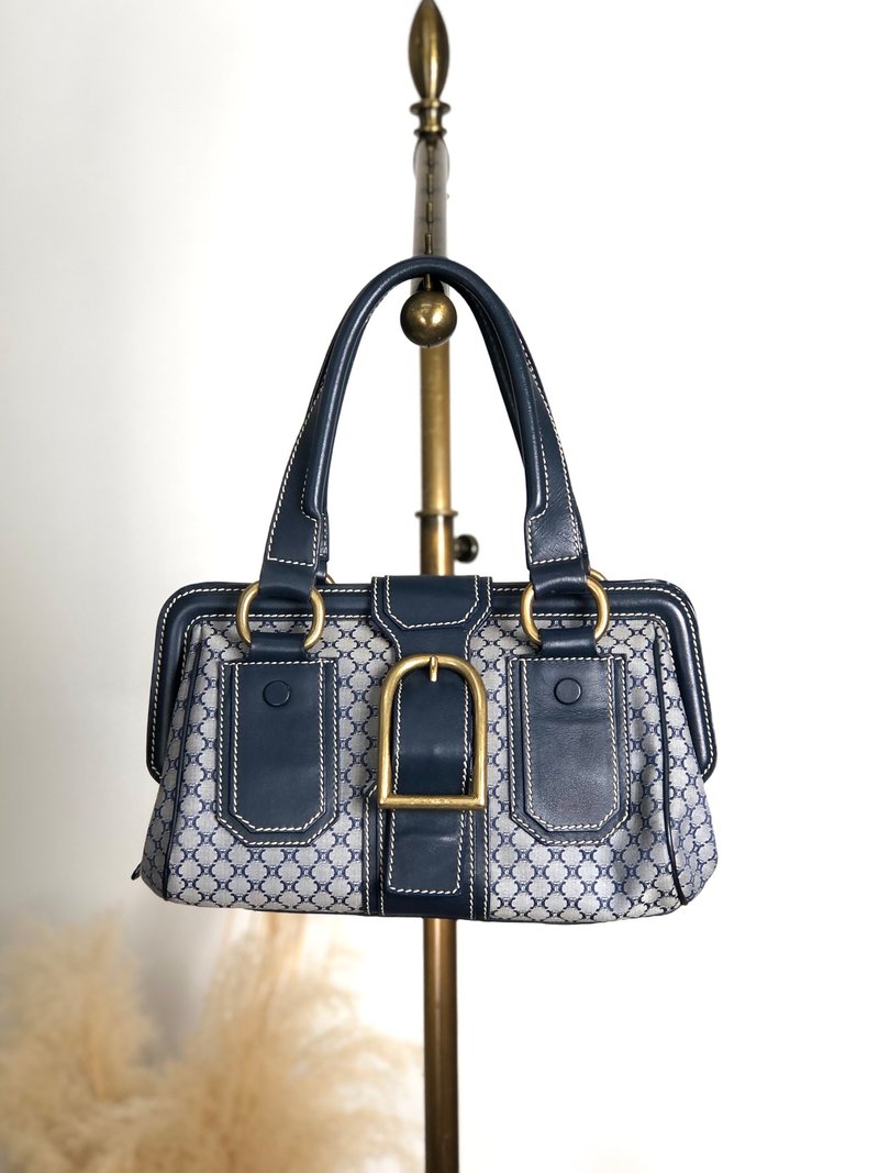 【 日本直送　名牌中古包 】CELINE セリーヌ ブラゾン ハンドバッグ ネイビー フロントバックル キャンバス レザー vintage rk6nfn - 手提包/手提袋 - 棉．麻 藍色