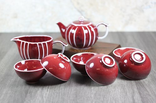 自然釉文創工作室 【我愛媽媽】石榴 銅紅釉 曲紋壺茶具組 名家葉敏祥作品