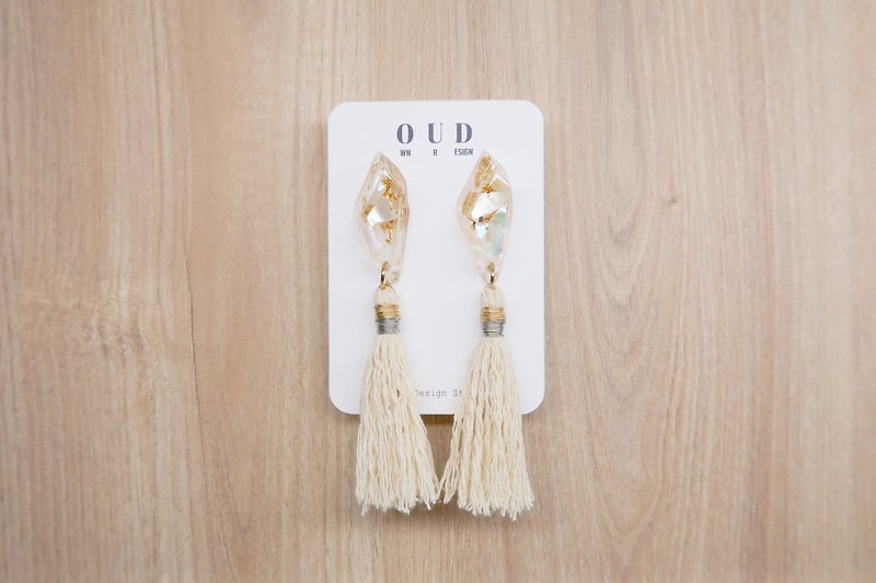 OUD Original-Natural Gem-14K gf-Natural MOP Cotton Tassel Dangle Earring/Clip-on - Earrings & Clip-ons - Shell White