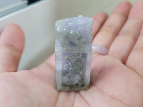 螺絲帽帽工作室 【親翠】天然翡翠 冰紫帶茶綠色仿古鳳紋美極印章 招財貔貅