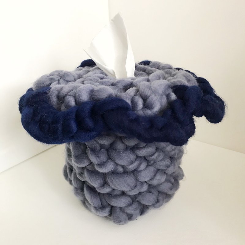 粗冷全人手織紙巾套 | 圓柱形 | 粉紫色配彩藍色邊 - 紙巾盒 - 聚酯纖維 藍色