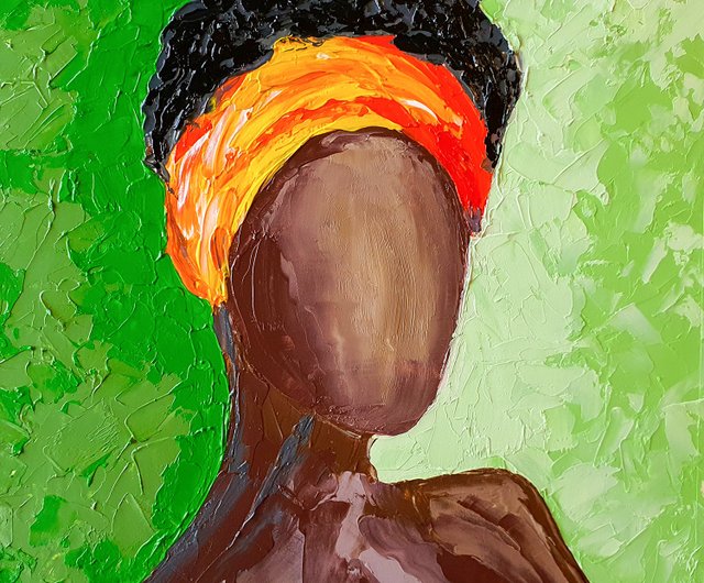 詳細不明　油絵　アフリカ女性肖像画？Roger Bezombesに似た絵？ アフリカの女王の絵画アメリカのオリジナルアート顔のない肖像画