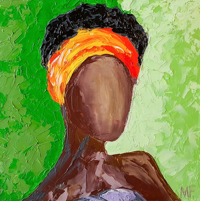 African Queen Painting American Original Art Faceless Portrait Wall Art Woman - โปสเตอร์ - วัสดุอื่นๆ สีเขียว