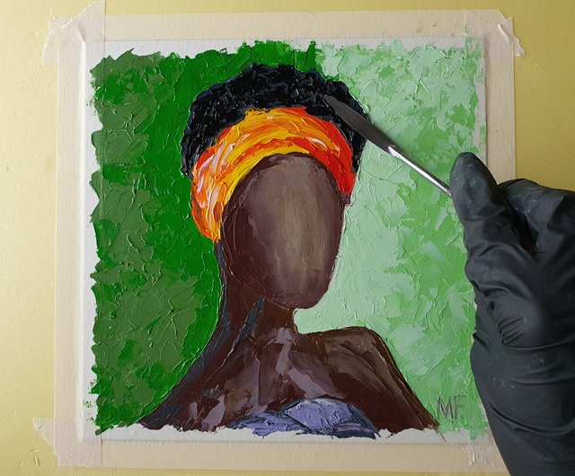 詳細不明　油絵　アフリカ女性肖像画？Roger Bezombesに似た絵？ アフリカの女王の絵画アメリカのオリジナルアート顔のない肖像画