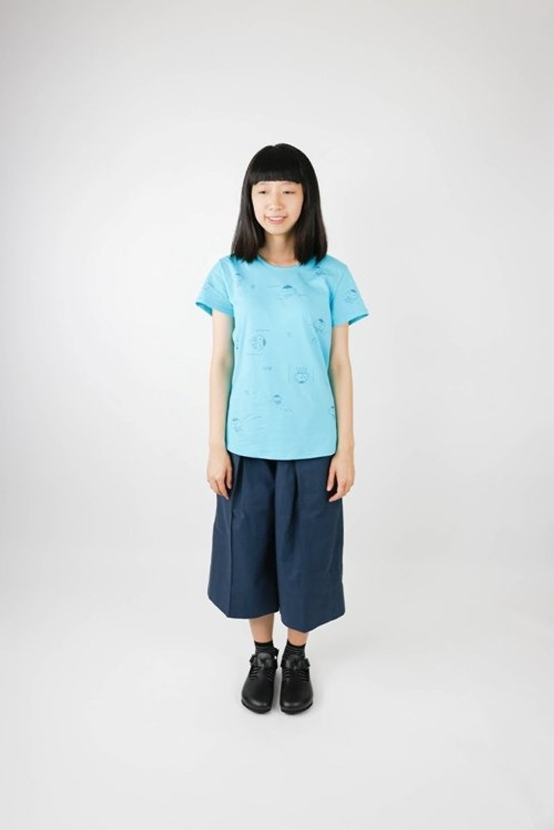 Loose jellyfish T-Shirt - เสื้อยืดผู้หญิง - ผ้าฝ้าย/ผ้าลินิน สีน้ำเงิน