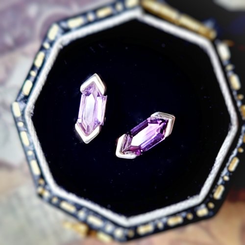 Tamasii Jewellery 長六角紫晶電鍍18K金純銀耳釘耳環