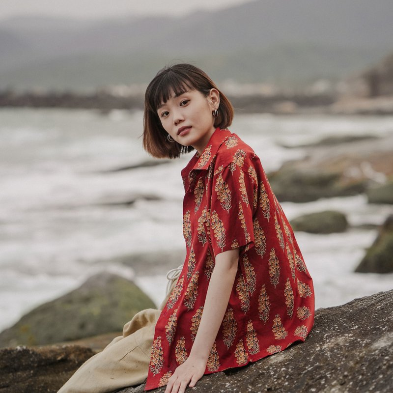印度蓋染工藝純棉 女生襯衫 － 金魚草紅 - 女襯衫 - 棉．麻 多色