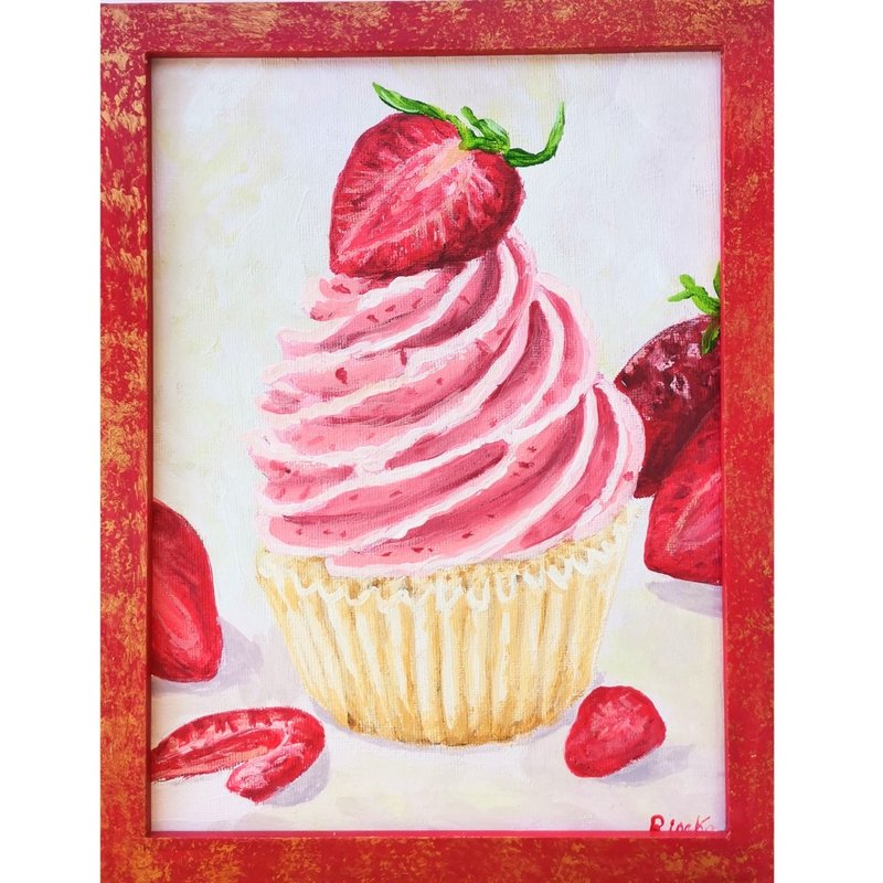 Dessert With Strawberry Original Framed Wall Art Kitchen Painting By RinaArtSK - Wall Décor - Other Materials Multicolor