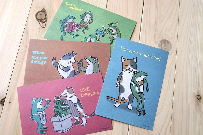 猫とカエルのポストカード4枚セット - 卡片/明信片 - 紙 綠色
