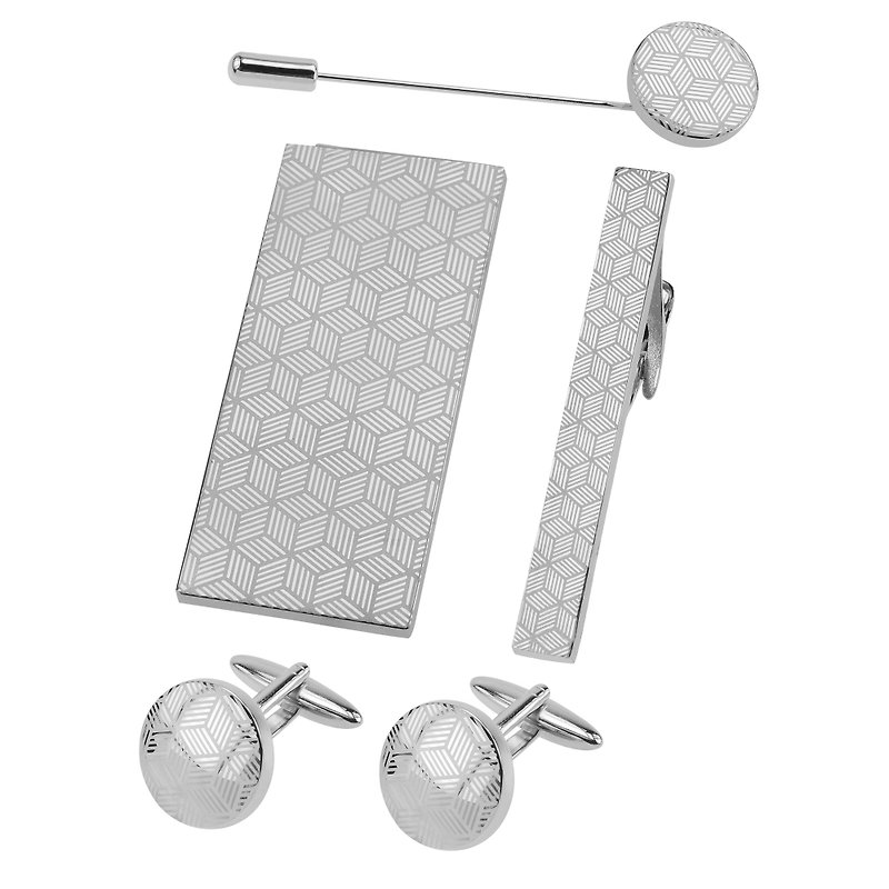 鐳射幾何圖案袖扣領帶夾錢夾胸針套裝 - 袖口鈕 - 其他金屬 銀色