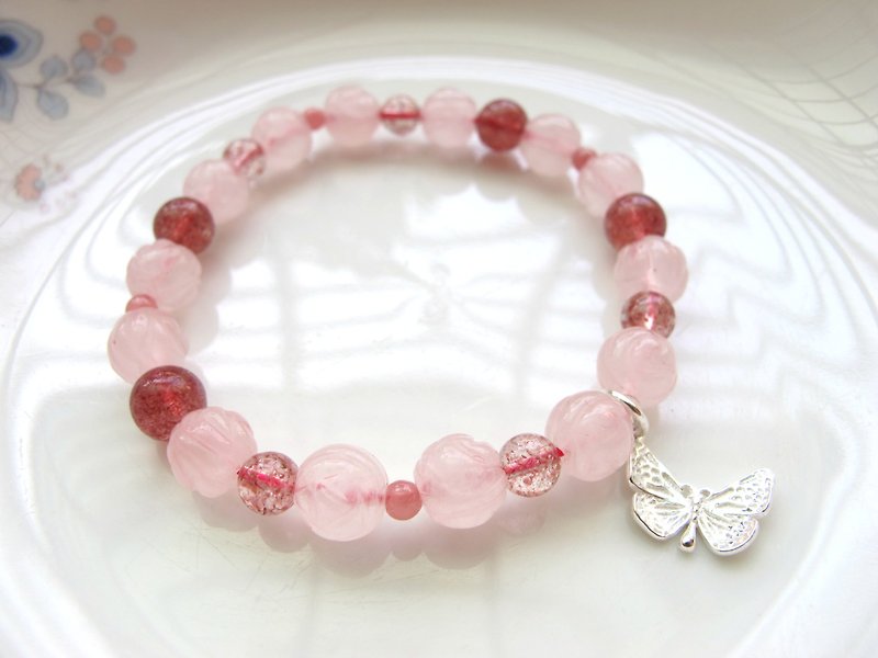 [Hand Rose] Pink Crystal (Flower Shape) x Strawberry Crystal x Red Stone x 925 Silver - Bracelets - Crystal Multicolor