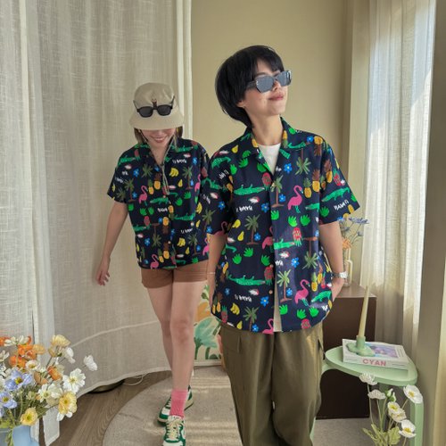 katji-cozytime 阿囉哈夏威夷風印花棉質襯衫 : 2 種尺寸 黑色的
