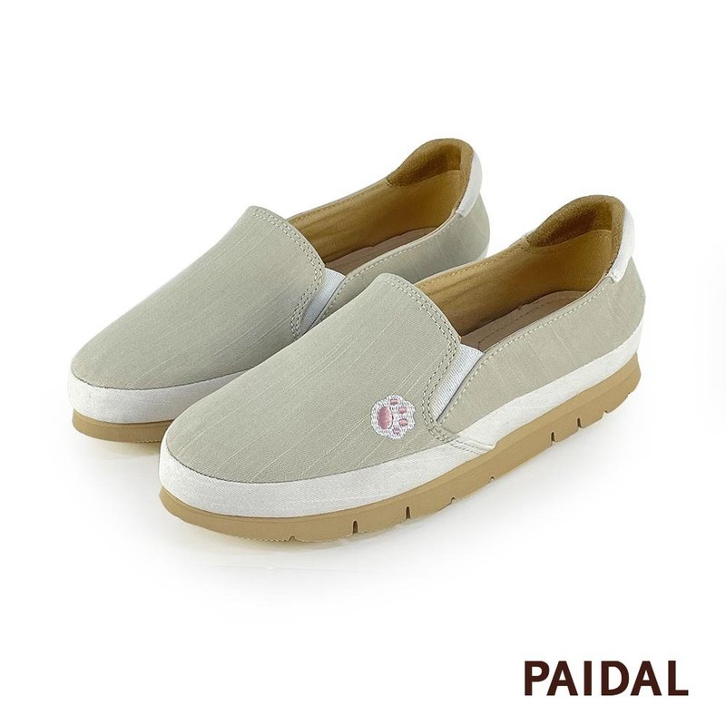 Paidal 喵掌拼接不彎腰微厚底休閒樂福鞋懶人鞋-米杏 - 女休閒鞋/帆布鞋 - 棉．麻 卡其色