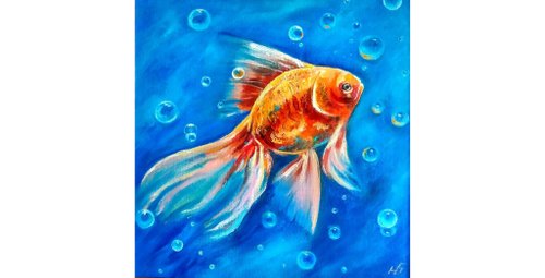 印象のデザイン 金魚のオリジナル油絵、水中壁アート、額入りアートワーク 30x30 絵画