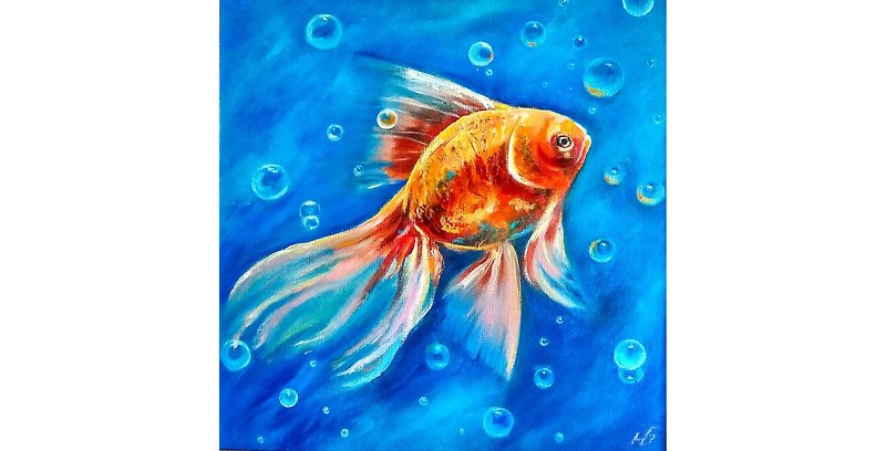 Gold Fish Original Oil Painting, Underwater Wall Art, Framed Artwork 30x30 cm - 掛牆畫/海報 - 其他材質 多色