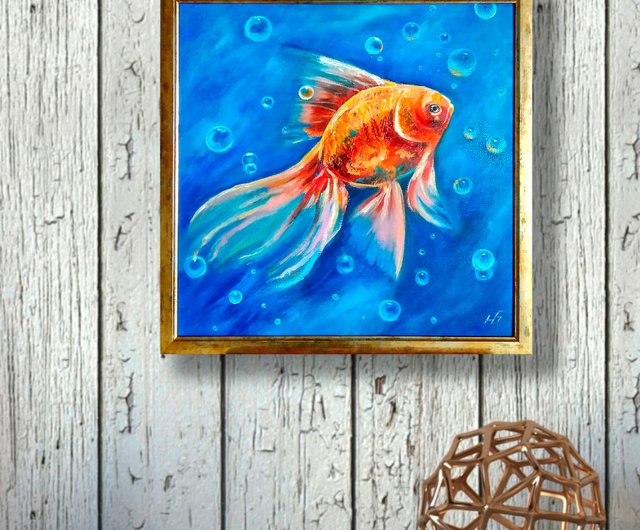 Gold Fish Original Oil Painting, Underwater Wall Art, Framed