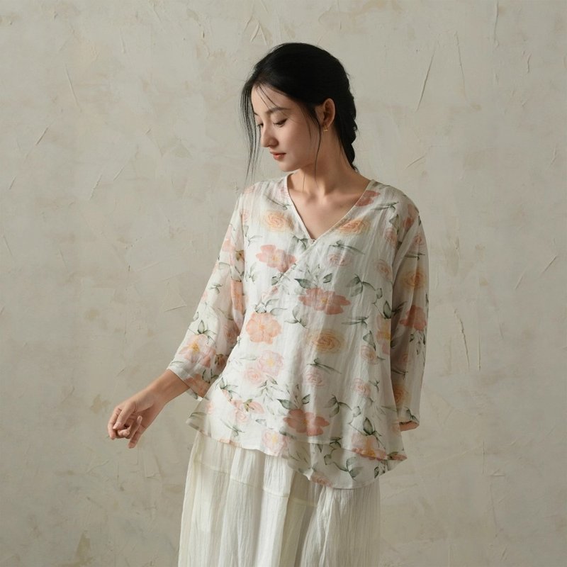 苧麻印花斜門襟襯衫 - 女襯衫 - 棉．麻 