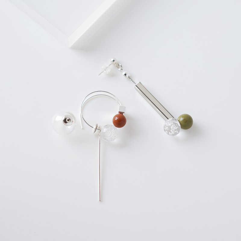 Alora 原創設計 手工軟陶 幾何簡約 925純銀圓珠耳環 - 耳環/耳夾/耳骨夾 - 陶 咖啡色