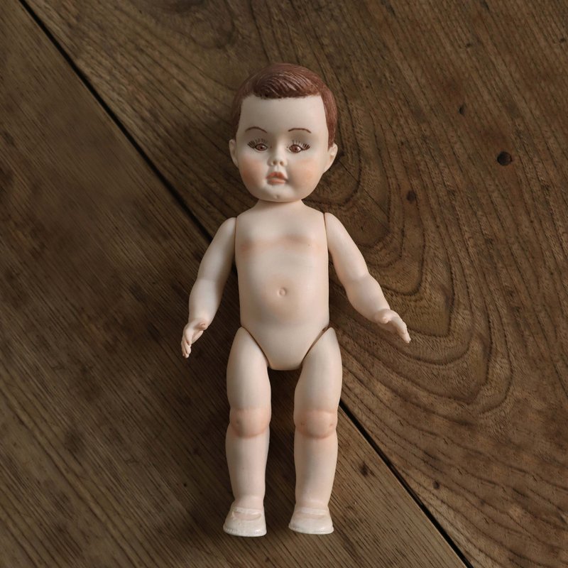 【Little Fairie】Little boy vintage doll bisque doll with pompadour hairstyle - Stuffed Dolls & Figurines - Pottery Khaki