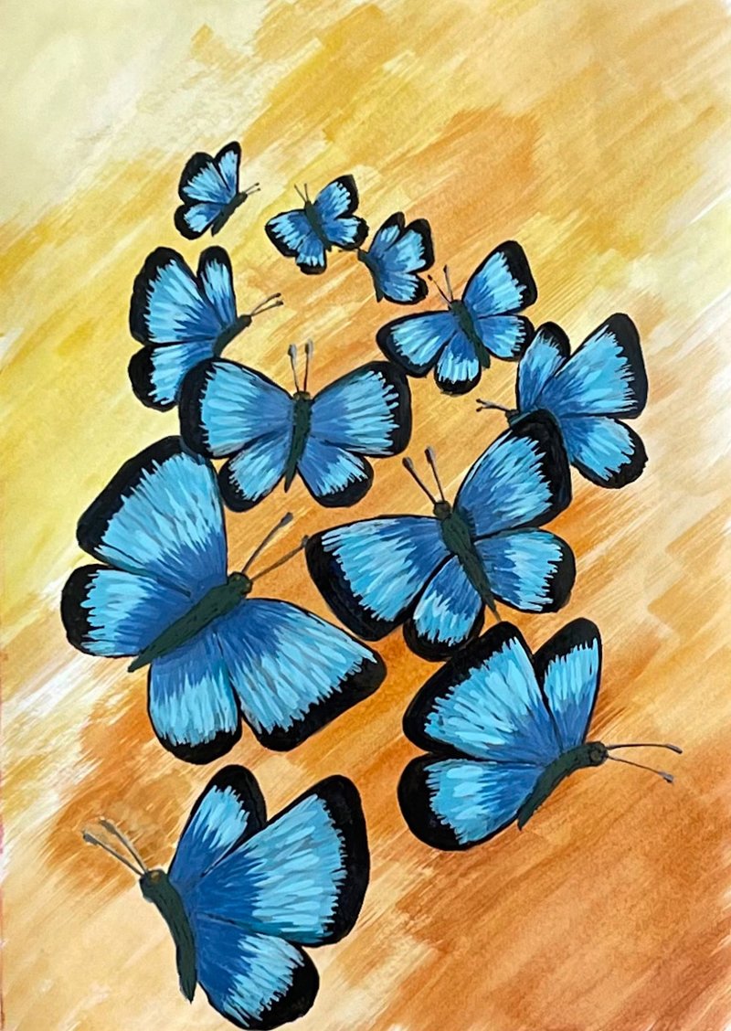 Butterflies on a yellow-terracotta background. Watercolor. - 壁貼/牆壁裝飾 - 紙 