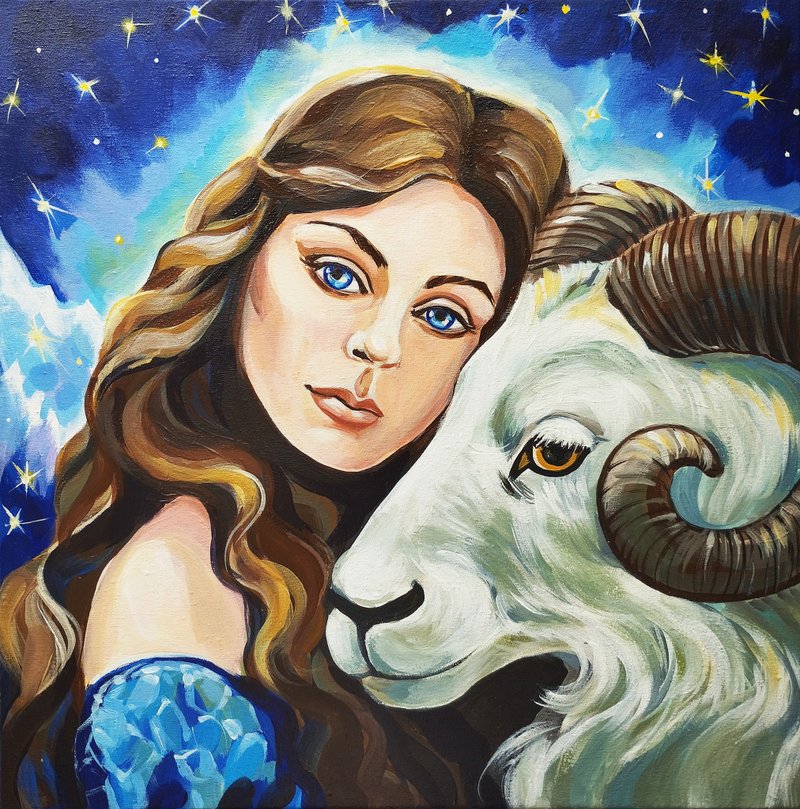 Girl and Aries white acrylic on canvas painting horoscope starry sky art - ตกแต่งผนัง - วัสดุอื่นๆ สีน้ำเงิน