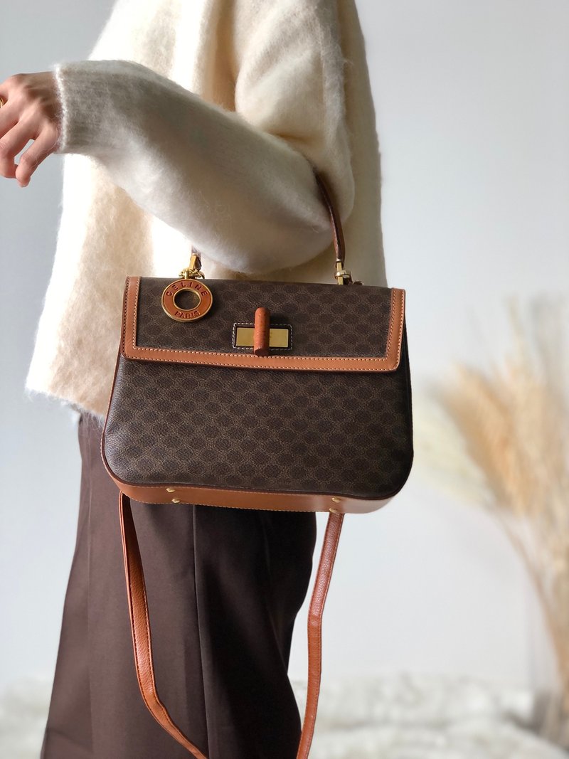 【 日本直送　名牌中古包 】CELINE セリーヌ マカダム ターンロック チャーム レザー 2way ショルダーバッグ ブラウン vintage g2sa6k - 側背包/斜背包 - 真皮 咖啡色