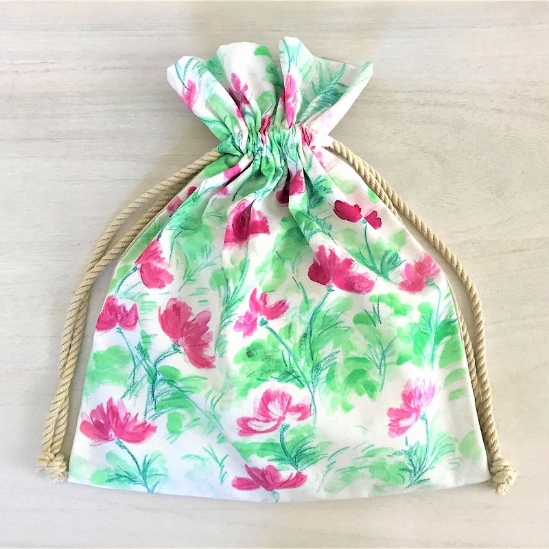 Wonder Flower Drawstring Pouch Floral Pattern Pink Cosmos - Toiletry Bags & Pouches - Cotton & Hemp Pink