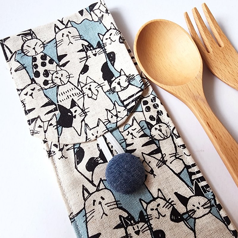 Eco-friendly Reusable Cutlery pouch, travel cutlery pouch: Cats everywhere - ถุงใส่กระติกนำ้ - ผ้าฝ้าย/ผ้าลินิน สีน้ำเงิน