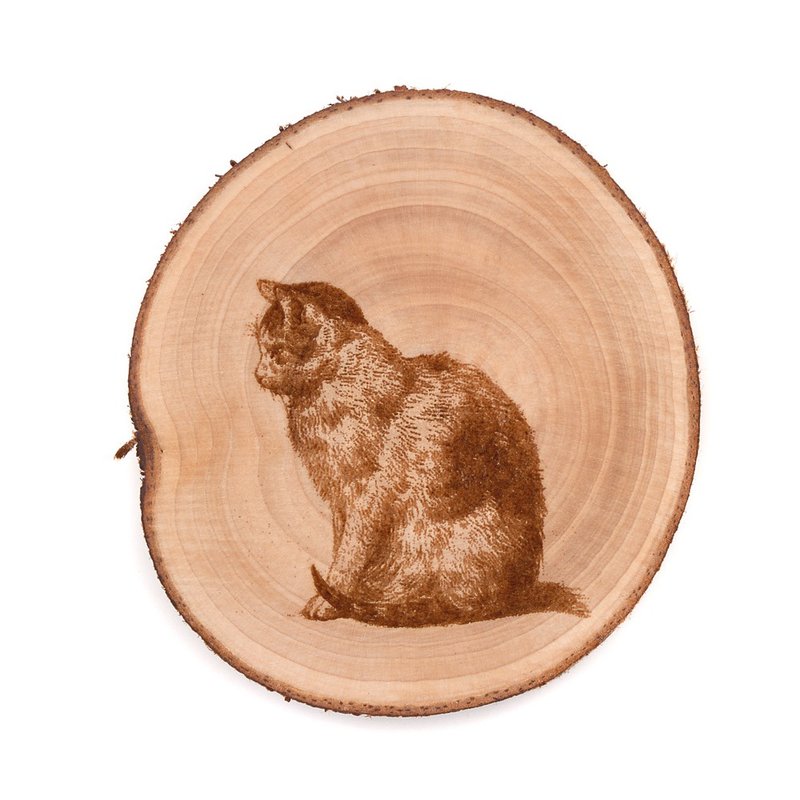 Taiwan Xiaonan Coaster - Sitting Cat | Use log annual ring insulation pad to create the texture of home office - ที่รองแก้ว - ไม้ สีทอง