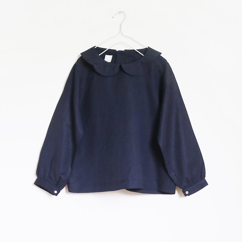 linen scallop collar blouse : navy - 女裝 上衣 - 棉．麻 藍色