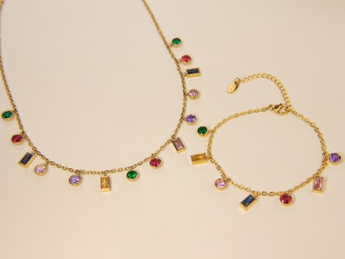 JTK Jewellery 【珠寶組合】彩虹寶石項鍊&手鍊 | 七彩晶石頸鏈&手鏈 禮盒