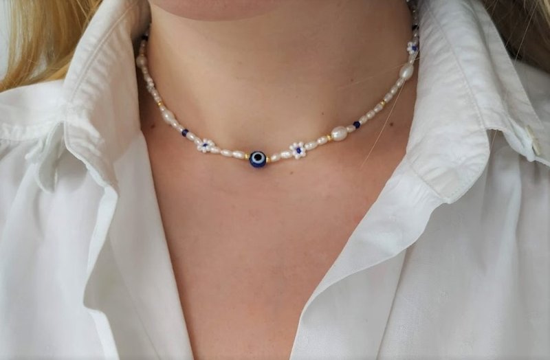 Evil Eye Necklaces for Women,  Handmade Jewelry, Gift for Her, Gift for Teacher. - 項鍊 - 玻璃 藍色