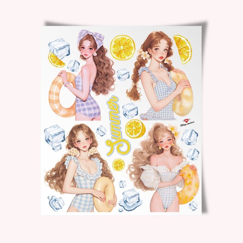 Girl Summer Vacation Character Sticker Set _3 Sheets - 貼紙 - 其他材質 