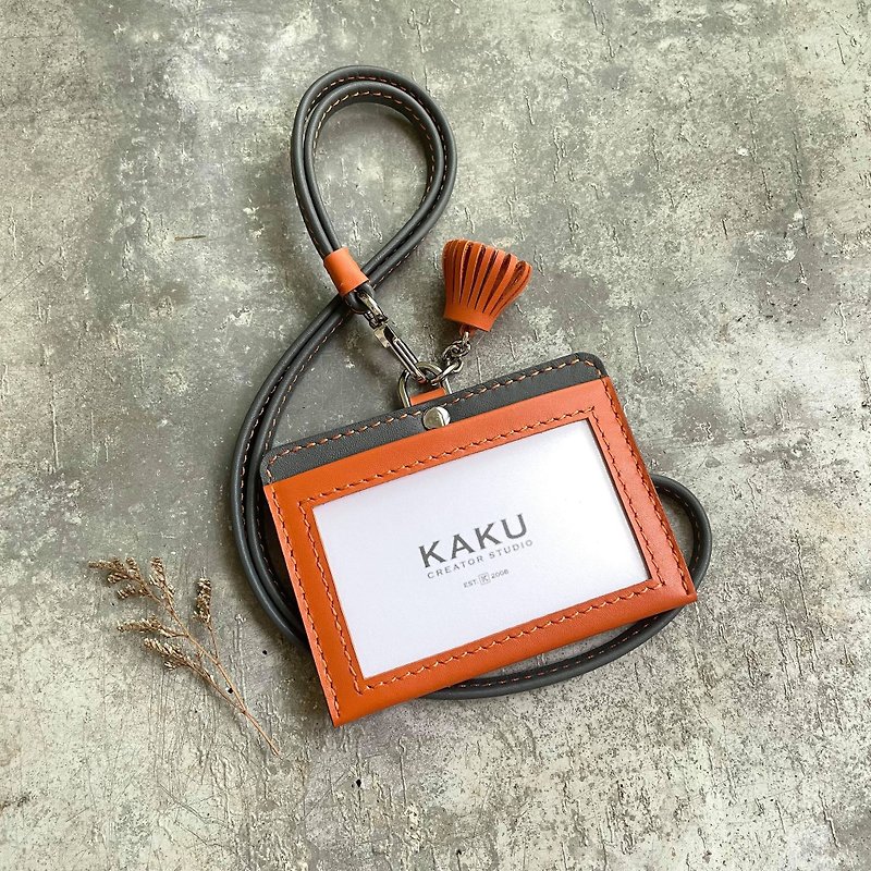ID holder, leisurely card holder, coral orange plain/grey customized gift - ID & Badge Holders - Genuine Leather Orange