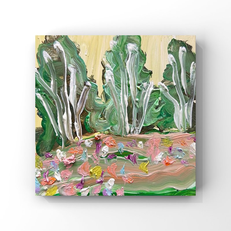 Wildflowers meadow original oil painting abstract landscape art trees and flower - 海報/掛畫/掛布 - 其他材質 多色