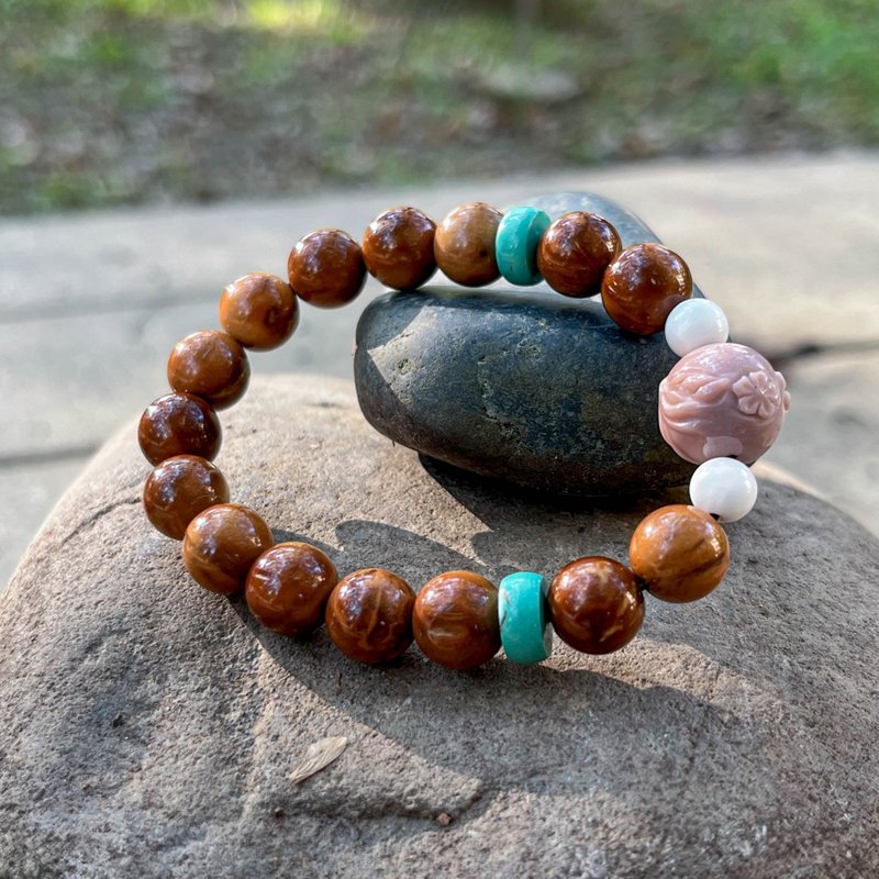 Natural Cook Turquoise Agate Alxa Fox Carved Bead Bracelet - สร้อยข้อมือ - ไม้ 