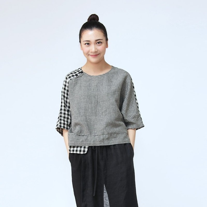 BUFU  linen Plaid shirt with  hand made Chinese-style botton  SH160509 - เสื้อเชิ้ตผู้หญิง - ผ้าฝ้าย/ผ้าลินิน สีดำ